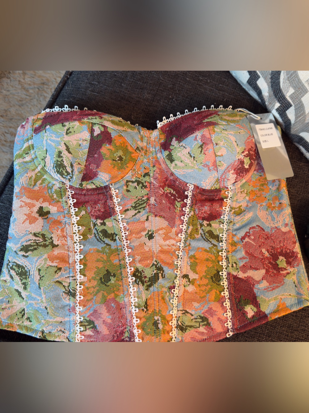NWT Floral Tapestry Corset Top with Lace Trim - Multicolor - runs small